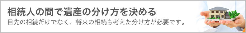 相続人の間で遺産の分け方を決める　目先の相続だけでなく、将来の相続も考えた分け方が必要です。